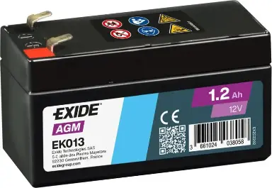 Akumulators AGM Exide EK013 1.2Ah, 18A, 12V (∓) 97x43x58