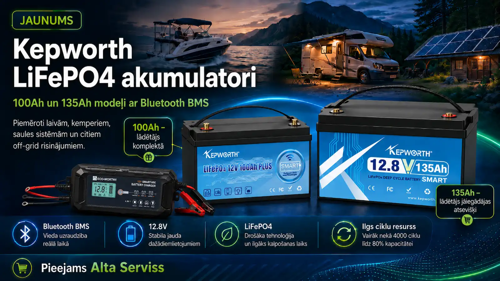 Kepworth LiFePO4 100Ah un 135Ah 12V Bluetooth akumulatori
