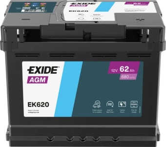 Akumulators AGM Exide EK620 62Ah, 680A, 12V  (- +) 242x175x190